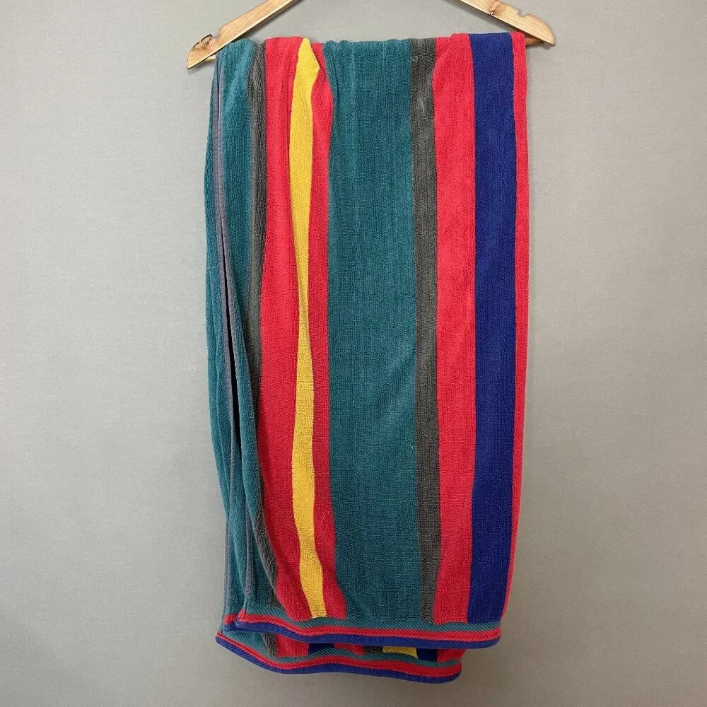 Vintage 90s Beach Towel Cecil Saydah Company Stripes FLAWS Cotton‎ Retro